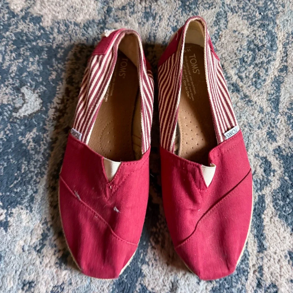 TOMS Womens Alpargata‎ Red Canvas Striped Slip On Espadrille Flats Size 9.5